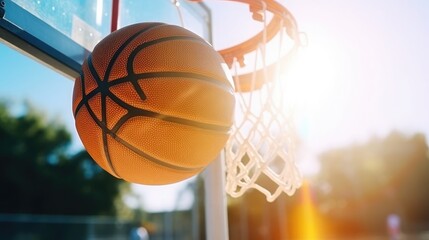 A basketball basket with a ball on a blue sky background. Transparent plastic basketball shield on the outdoor basketball court