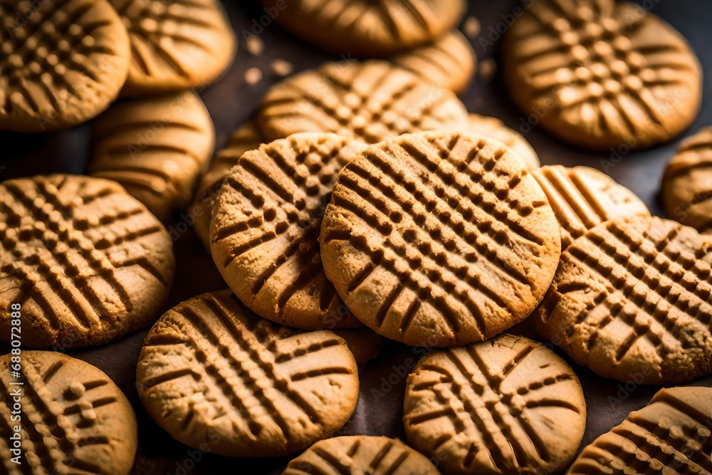 Poster a macro shot of peanut butter cookies with crosshatch patterns, highlighting the rich texture and nu