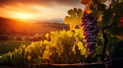 A vineyard at sunset, the rows of grapevines drenched in warm hues, their leaves creating a beautiful bokeh against the blurred distant hills