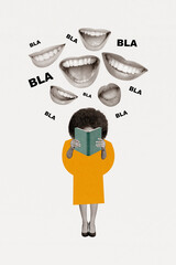 Vertical image collage of funky clever girl reading book newspaper bla blah isolated on drawing...