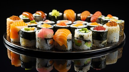 An array of sushi rolls arranged in perfect harmony, each piece a miniature work of edible art, glistening with freshness and precision