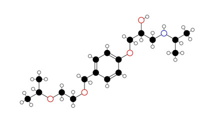 bisoprolol molecule, structural chemical formula, ball-and-stick model, isolated image beta blocker
