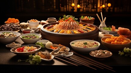 An Asian fusion banquet, where flavors from various regions intertwine harmoniously, showcasing...