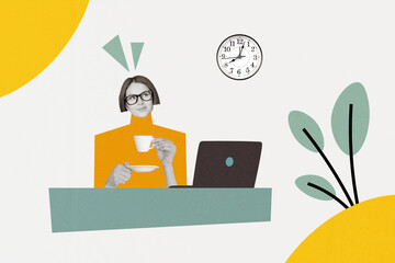 Image collage picture of happy dreamy woman sitting office workplace drinking espresso isolated on drawing background