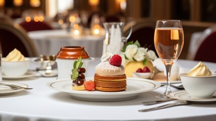 An elegant French brasserie setting with an array of decadent desserts like cr??me br?