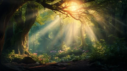 Foto op Canvas An enchanting forest scene, with sunbeams filtering through the lush foliage, casting a magical aura with blurred details in the background © Rao