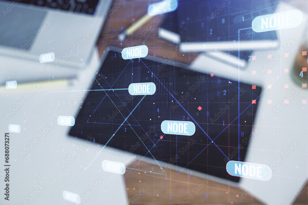 Poster multi exposure of abstract software development hologram and digital tablet on background, top view,