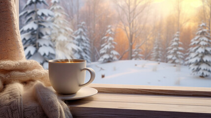 Obraz na płótnie Canvas Hot chocolate on wooden windowsill with folded sweater with a view of the winter forest