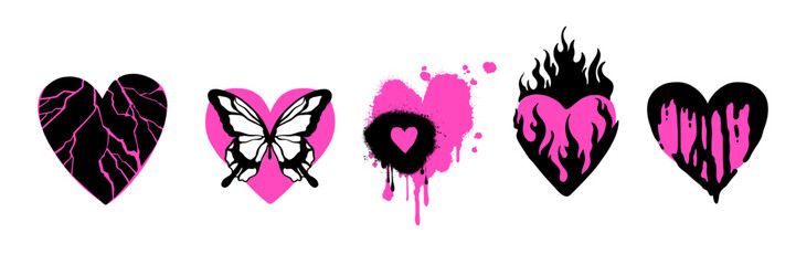 Emo heart tattoo set, vector flame gothic love sticker, y2k Valentine’s Day trendy print, butterfly. Cracked broken shape, girly flat icon, romantic flames silhouette, graffiti drip. Emo heart clipart - obrazy, fototapety, plakaty