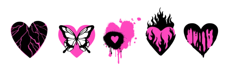 Foto op Plexiglas Emo heart tattoo set, vector flame gothic love sticker, y2k Valentine’s Day trendy print, butterfly. Cracked broken shape, girly flat icon, romantic flames silhouette, graffiti drip. Emo heart clipart © Oleksandra