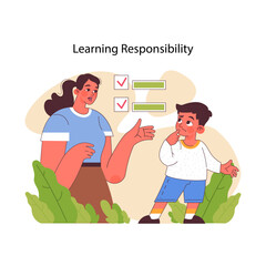 Learning Responsibility concept. A thoughtful boy considers advice from a guiding adult on task management, reflecting on the steps to responsible behavior. A story of mentorship and growing up