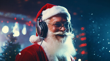 portrait of santa claus with headphones as a dj nightclub christmas party invite concept