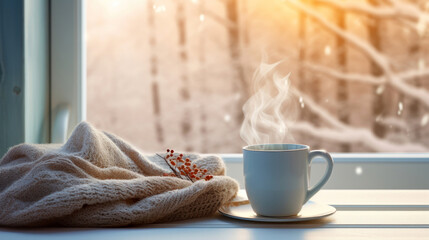 Hot chocolate on wooden windowsill with folded sweater with a view of the winter forest