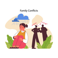 Family conflicts concept. Distressed girl amidst rain clouds while parents argue in the background, portraying household tensions. Divorce, disputes negative impact on child. Flat vector illustration