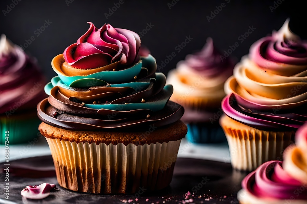 Poster macro shot of a cupcake tower adorned with ombre frosting, transitioning from deep hues at the base 