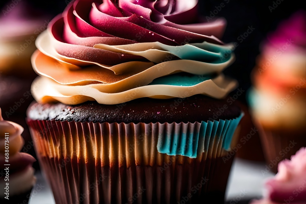 Poster macro shot of a cupcake tower adorned with ombre frosting, transitioning from deep hues at the base 