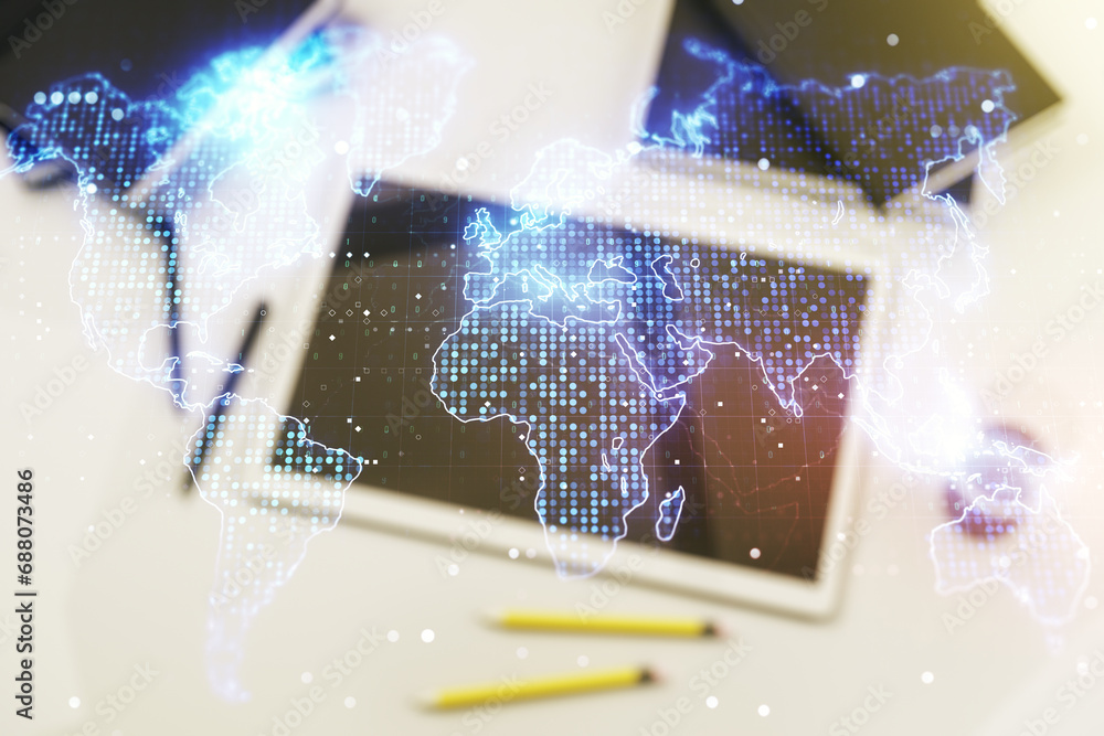 Poster multi exposure of abstract creative digital world map and digital tablet on background, top view, re