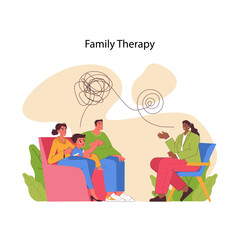 Family therapy concept. Parents and child engaging in conversation with therapist, unraveling tangled thoughts and emotions, fostering understanding. Mutual care and support. Flat vector illustration
