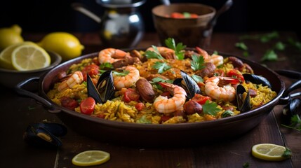 An opulent Spanish paella feast, brimming with saffron-infused rice, seafood, and chorizo,...