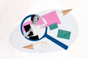 Artwork collage of happy successful lady hand touching head looking far away searching for employee isolated on creative drawing background