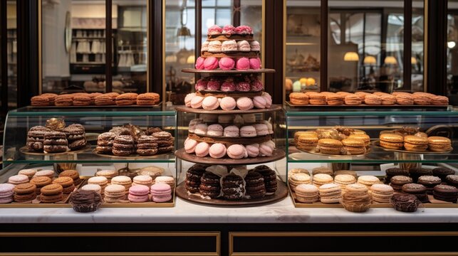 An opulent French patisserie display, where macarons, eclairs, and exquisite pastries beckon with their refined sweetness and meticulous craftsmanship
