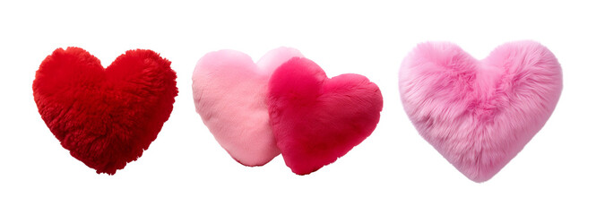 Pink and red plush hearts set, along with a heart-shaped fluffy soft pillow, Isolated on Transparent Background, PNG