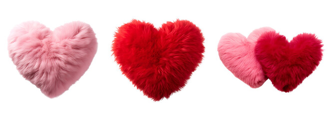 Set of plush hearts in pink and red, with a fluffy soft pillow in heart shape, Isolated on Transparent Background, PNG - obrazy, fototapety, plakaty