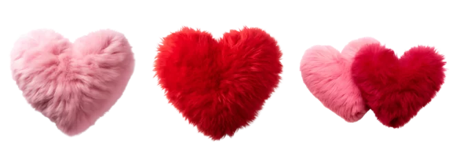 Poster Set of plush hearts in pink and red, with a fluffy soft pillow in heart shape, Isolated on Transparent Background, PNG © Only Best PNG's