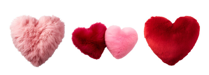 Heart shape fluffy soft pillow accompanied by a set of plush hearts in pink and red, Isolated on Transparent Background, PNG