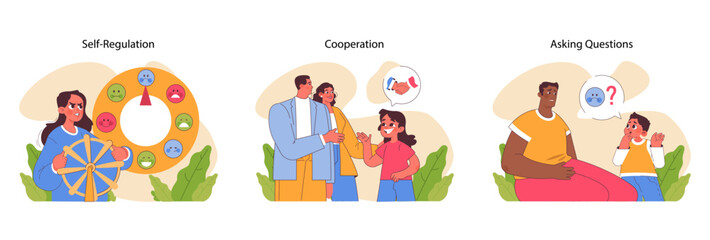 Conflict resolution set. Illustrating self regulation, cooperation, and asking questions as key skills. Effective emotional management and teamwork. Flat vector illustration