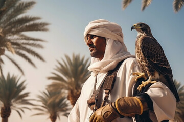 Arabic man with traditional emirates clothes with his falcon bird - obrazy, fototapety, plakaty