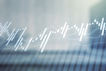Abstract virtual financial graph hologram on blurry contemporary office building background, financial and trading concept. Multiexposure