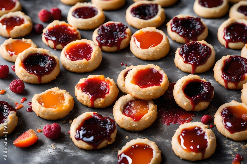 Poster a close-up of thumbprint cookies filled with vibrant fruit jams, creating a burst of color and flavo