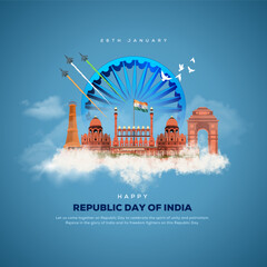 26th january happy republic day India greetings. vector illustration design. - obrazy, fototapety, plakaty