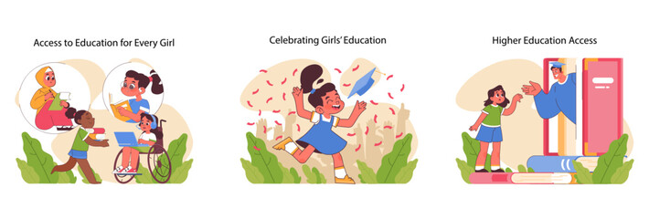 Girls education journey set. Inclusive learning environments, joyous academic achievement, and exploration into advanced studies. Diverse characters, milestones celebrated. Flat vector illustration