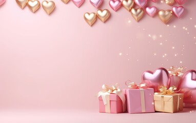 Festive Valentine's Day background with shiny pink and gold heart-shaped balloons tied with ribbons, gifts box and sparkling lights on bokeh background.