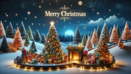 Fotobehang Merry Christmas background, Decorated with christmas tree and gift box, Winter christmas composition in 3d style decoration for Celebration. © Thanaphon