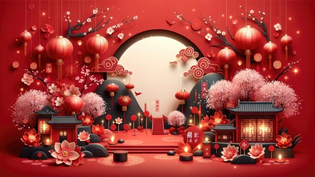 Chinese New Year Background. Chinese New Year Themed Decoration With Chinese Lanterns, Plum Blossoms And Auspicious Clouds In 3d Style With Copy Space.