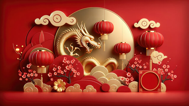 Chinese new year background. chinese new year themed decoration with Chinese lanterns, plum blossoms and auspicious clouds in 3d style with copy space.