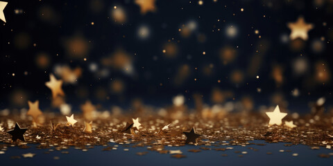 Golden star confetti on dark blue background.