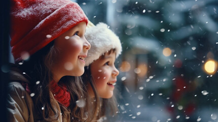 cute kids watching the snowflakes fall on the porch
