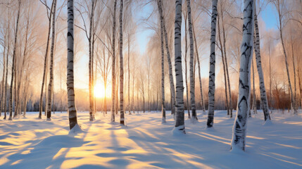 Sunset or sunrise in a birch grove with the first winter snow on earth.