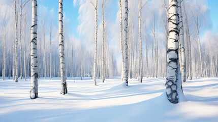 Winter landscape with birches in a birch grove.