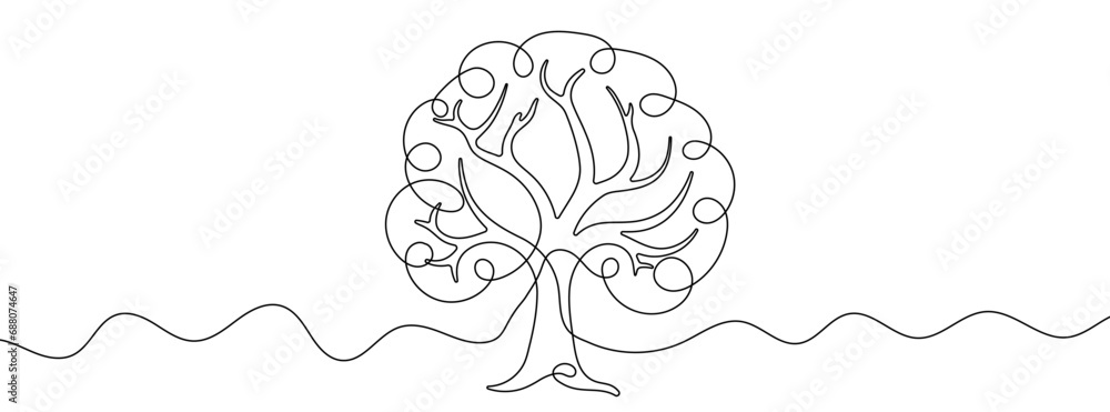Poster continuous line drawing of tree. single line tree icon.