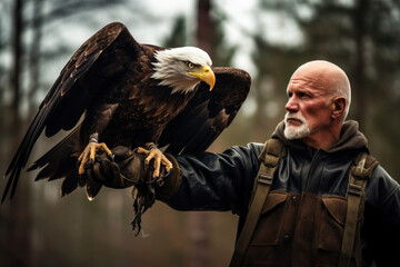 Eagle trainer holding majestic bold eagle - obrazy, fototapety, plakaty