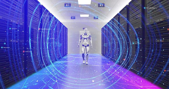 AI Controlled Advanced Futuristic Robot Walking In A Server Room. Technology Related 3D Animation.
