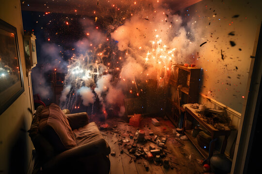 Fireworks explosion in the apartment and fire inside the apartment In living room. The concept of neglecting fire safety precautions when launching fireworks new year, christmas, sparkler, sparks.