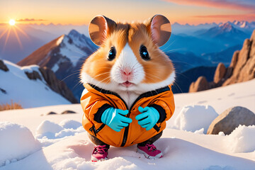 A cute little hamster ready for his holidays in the mountains - White week - obrazy, fototapety, plakaty