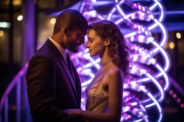 Fototapeta premium Couple celebrating their connection through a DNA-based matchmaking service, location with DNA-themed decorations, Highlight DNA matching technology and genetic analysis