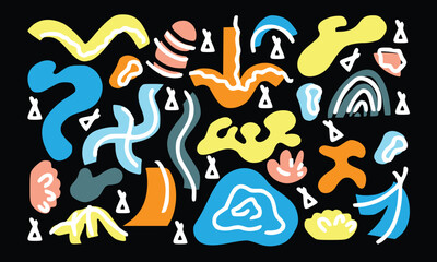 Abstract various bright doodle shapes and objects. Different figures. Hand drawn Vector seamless Pattern. Background, wallpaper, Wrapping, textile template